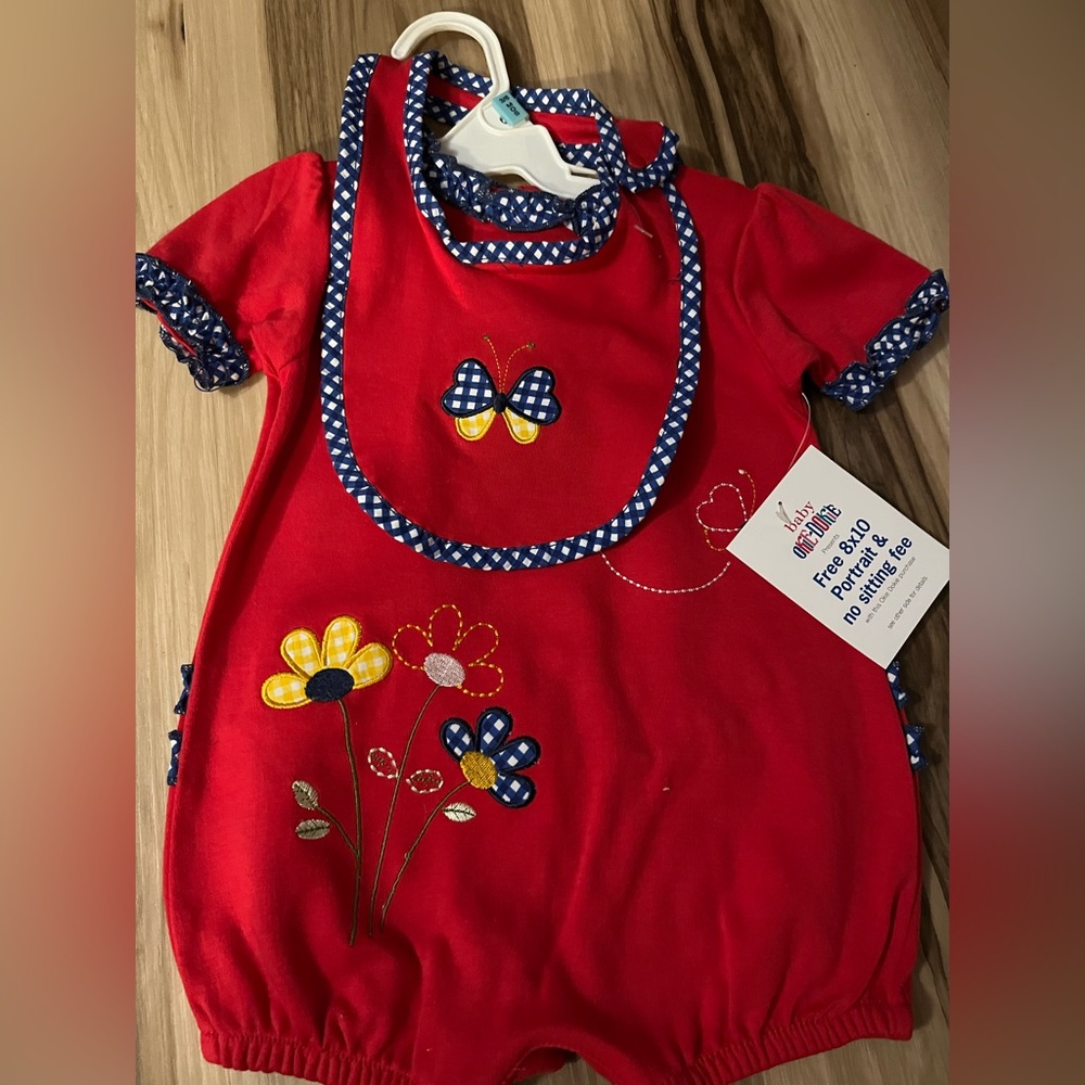 Okie Dokie Baby Vintage Red Butterfly Floral Baby Romper Hat  3/6 Months NWT
